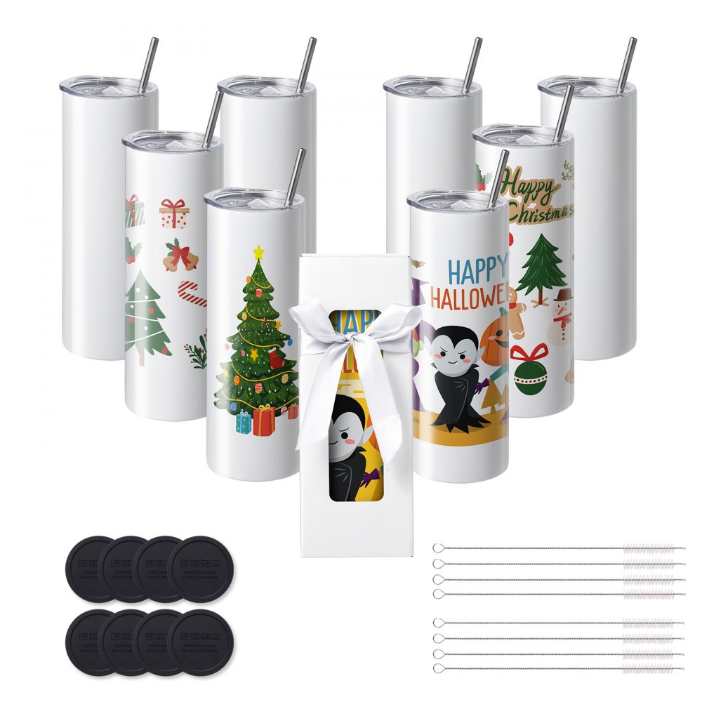 VEVOR sublimation tumblers with christmas and halloween designs, straws, brushes, and black lids.