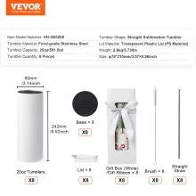 VEVOR 8 Pack Straight Sublimation Tumblers, 20 oz Blank Tumbler Bulk, Stainless Steel Double Wall Tumbler Cups with Straw, Lid, Brush, Base, Shrink Wrap, Gift Box, for Heat Press and Heat Transfer