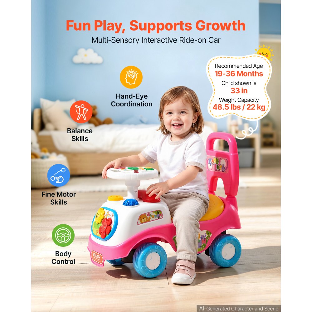 VEVOR Ride On Push Car for Toddlers Ages 19+ Months Sit-to-Stand Ride Toy, Kids Ride On Car for Boys Girls, Music Steering Wheel, Horn, Under-Seat Storage, Detachable Back,Indoor Outdoor Play, Pink