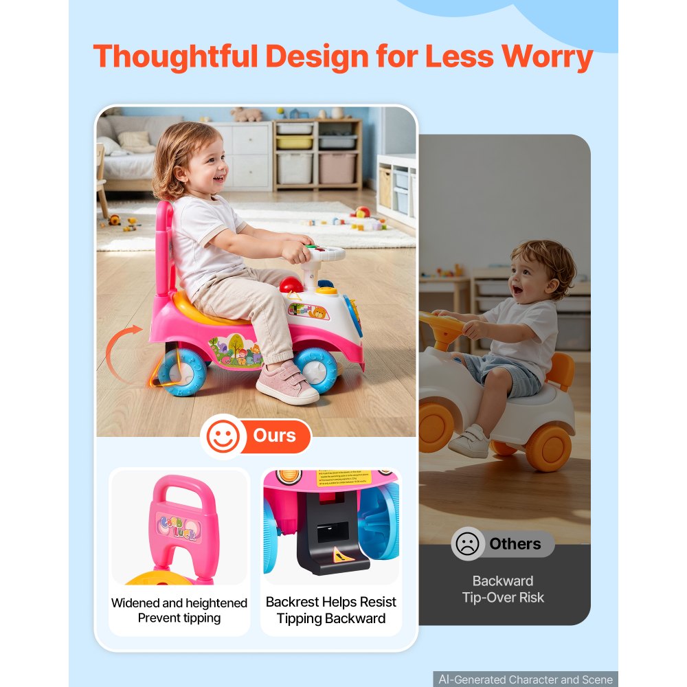 VEVOR Ride On Push Car for Toddlers Ages 19+ Months Sit-to-Stand Ride Toy, Kids Ride On Car for Boys Girls, Music Steering Wheel, Horn, Under-Seat Storage, Detachable Back,Indoor Outdoor Play, Pink