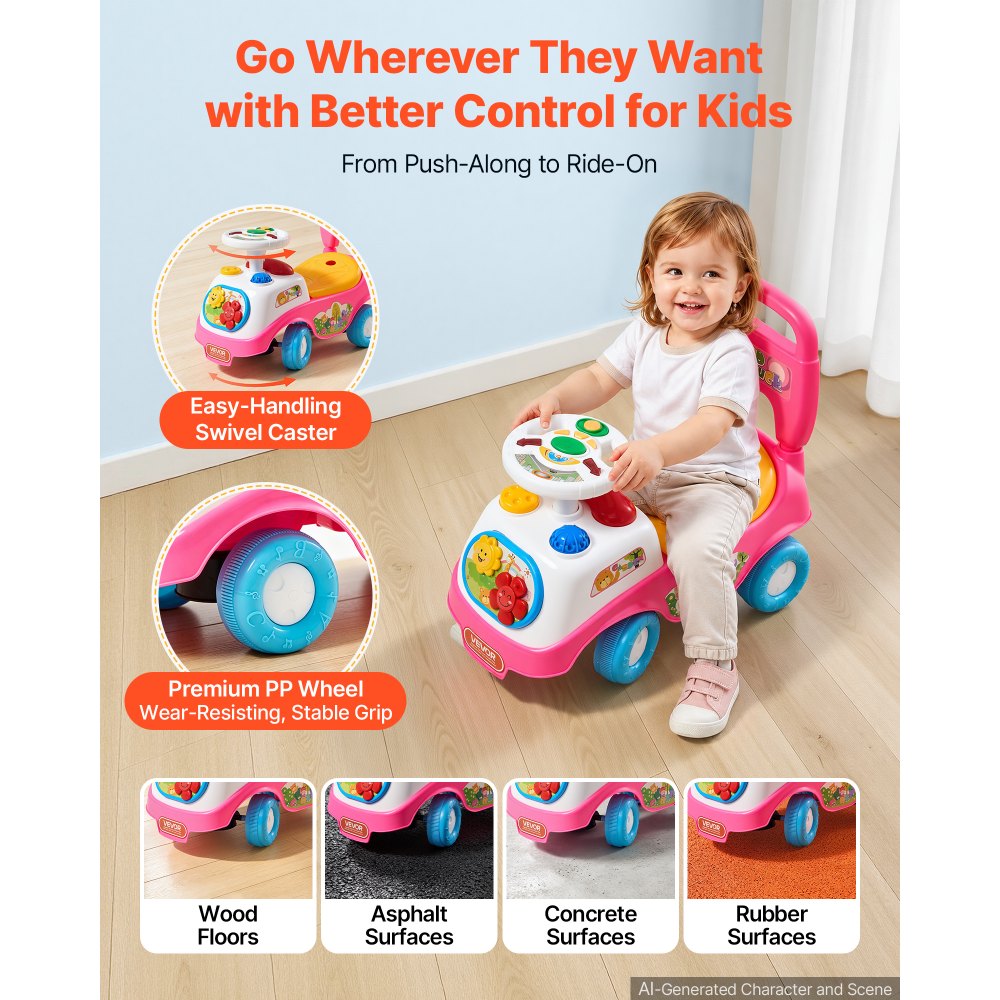 VEVOR Ride On Push Car for Toddlers Ages 19+ Months Sit-to-Stand Ride Toy, Kids Ride On Car for Boys Girls, Music Steering Wheel, Horn, Under-Seat Storage, Detachable Back,Indoor Outdoor Play, Pink