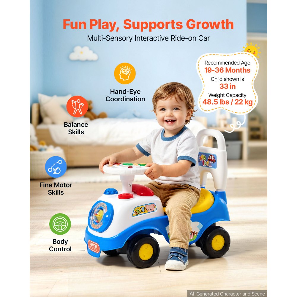 VEVOR Ride On Push Car for Toddlers Ages 19+ Months Sit-to-Stand Ride Toy, Kids Ride On Car for Boys & Girls, Music Steering Wheel, Horn, Under-Seat Storage, Detachable Back, Indoor & Outdoor Play
