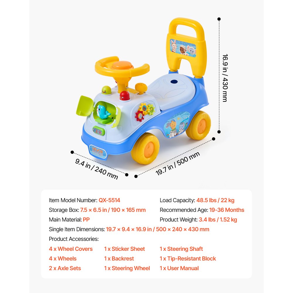 VEVOR Ride On Push Car for Toddlers Ages 19+ Months Sit-to-Stand Ride Toy, Kids Ride On Car for Boys Girls, Music Steering Wheel, Horn, Under-Seat Storage, Detachable Back, Indoor Outdoor Play, Blue