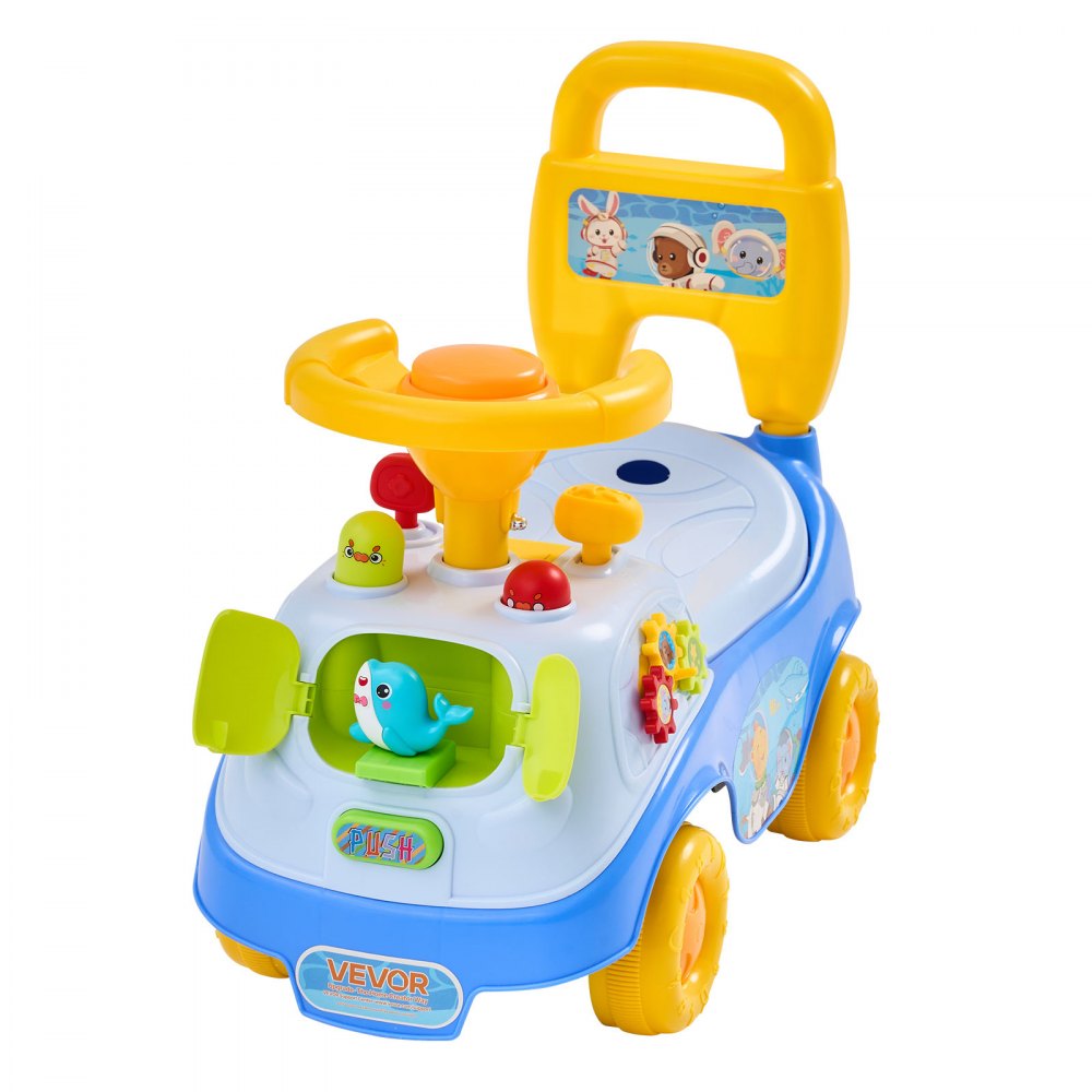 VEVOR Ride On Push Car for Toddlers Ages 19+ Months Sit-to-Stand Ride Toy, Kids Ride On Car for Boys Girls, Music Steering Wheel, Horn, Under-Seat Storage, Detachable Back, Indoor Outdoor Play, Blue