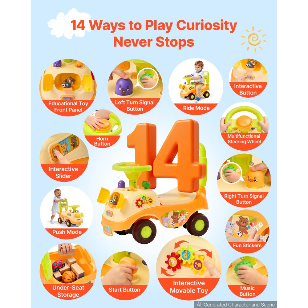 VEVOR Ride On Push Car for Toddlers Ages 19+ Months Sit-to-Stand Ride Toy, Kids Ride On Car for Boys Girls, Music Steering Wheel, Horn, Under-Seat Storage, Detachable Back,Indoor Outdoor Play,Yellow
