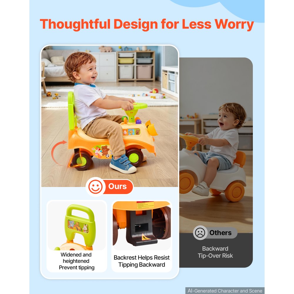 VEVOR Ride On Push Car for Toddlers Ages 19+ Months Sit-to-Stand Ride Toy, Kids Ride On Car for Boys Girls, Music Steering Wheel, Horn, Under-Seat Storage, Detachable Back,Indoor Outdoor Play,Yellow