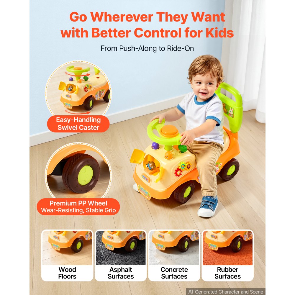 VEVOR Ride On Push Car for Toddlers Ages 19+ Months Sit-to-Stand Ride Toy, Kids Ride On Car for Boys Girls, Music Steering Wheel, Horn, Under-Seat Storage, Detachable Back,Indoor Outdoor Play,Yellow