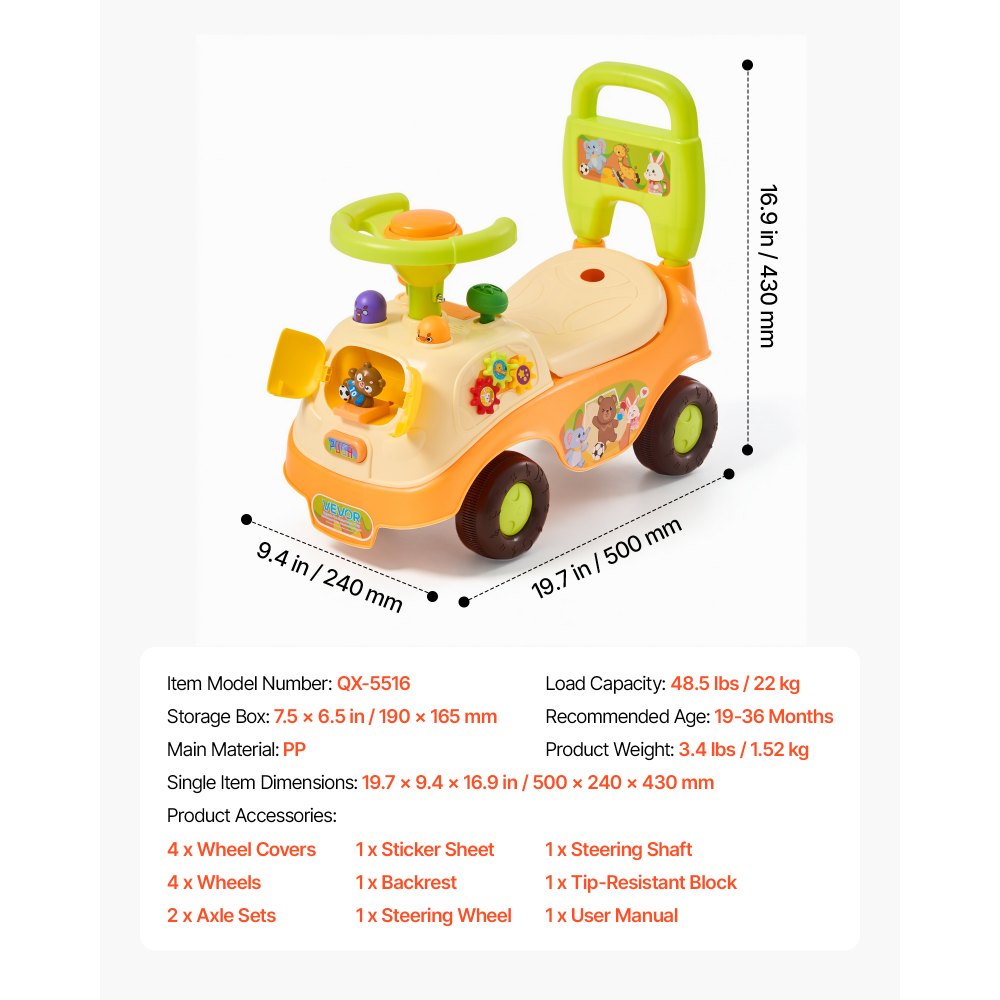 VEVOR Ride On Push Car for Toddlers Ages 19+ Months Sit-to-Stand Ride Toy, Kids Ride On Car for Boys Girls, Music Steering Wheel, Horn, Under-Seat Storage, Detachable Back,Indoor Outdoor Play,Yellow