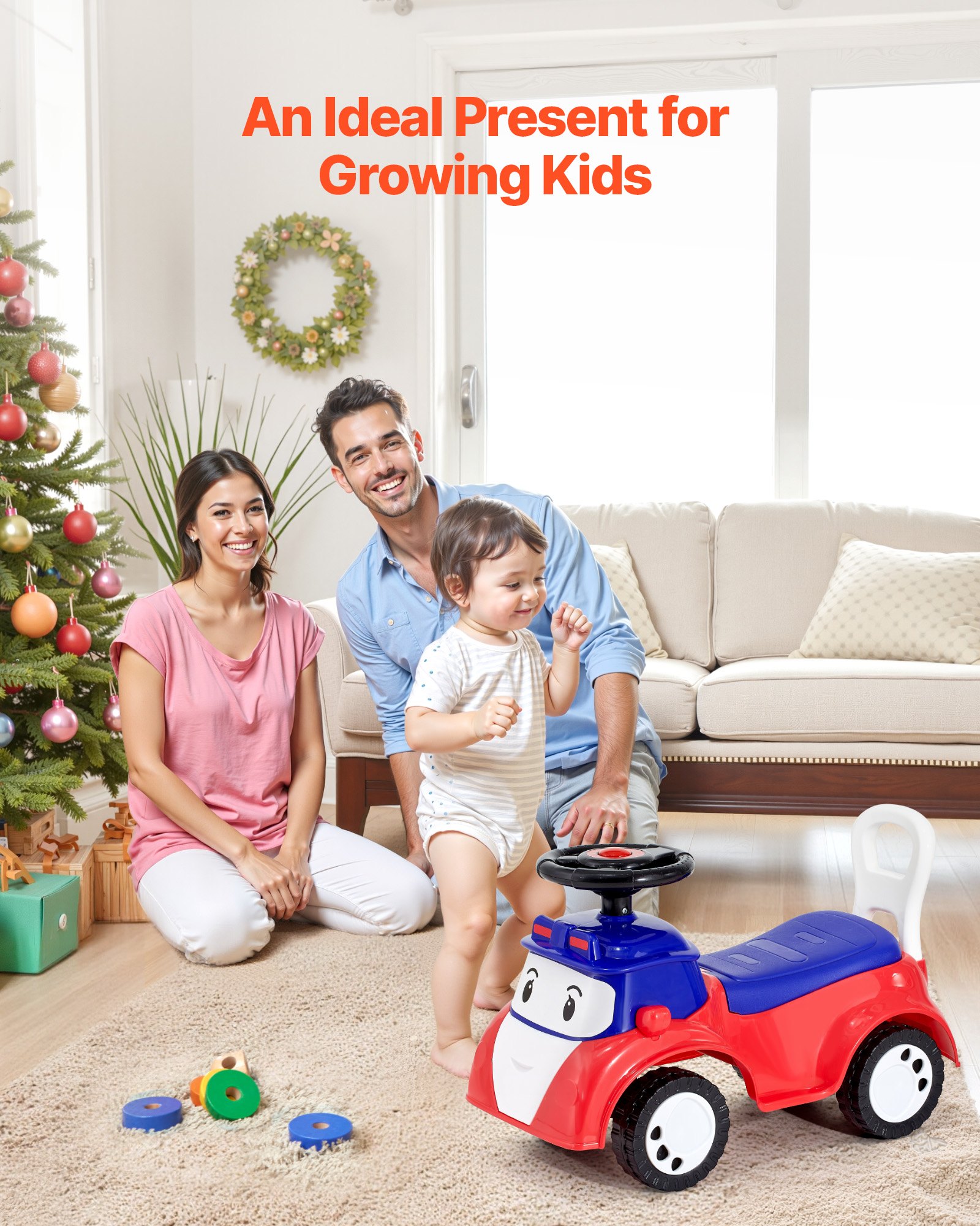 VEVOR Ride On Toddler Push Car, Push Car for Toddler 19 to 36 Months, Kids Ride On Toy with Music & Under-seat Storage, 25 kg Load Capacity, Foot-to-Floor Walker for Toddlers Boys Girls, Red