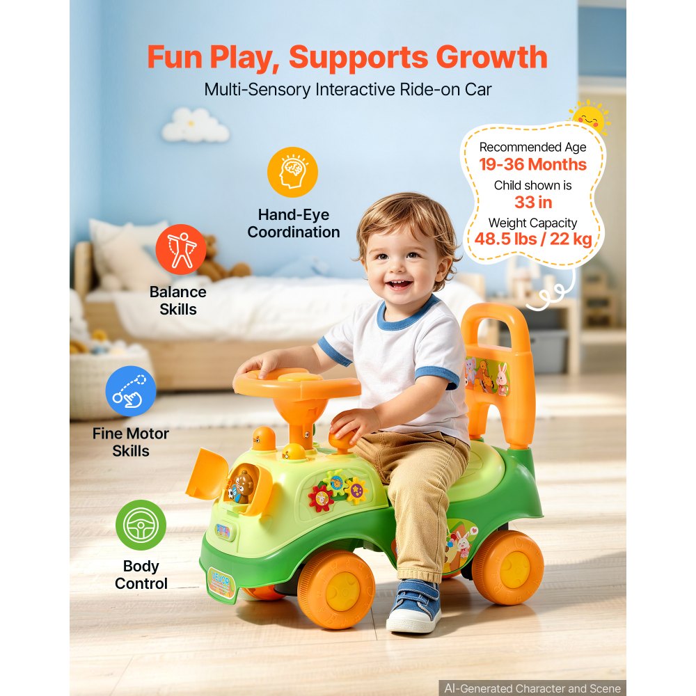 VEVOR Ride On Push Car for Toddlers Ages 19+ Months Sit-to-Stand Ride Toy, Kids Ride On Car for Boys Girls, Music Steering Wheel, Horn, Under-Seat Storage, Detachable Back, Indoor Outdoor Play,Green