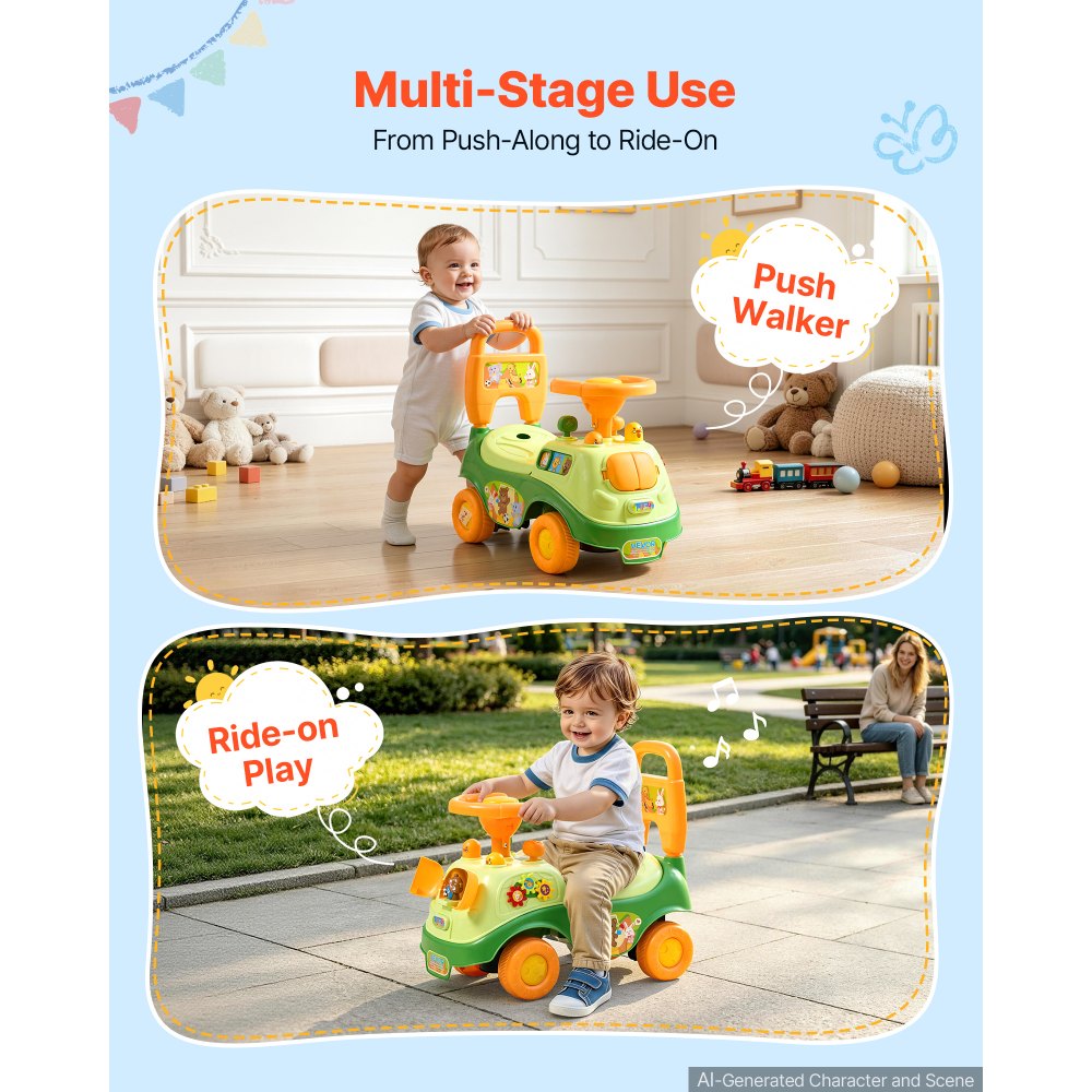VEVOR Ride On Push Car for Toddlers Ages 19+ Months Sit-to-Stand Ride Toy, Kids Ride On Car for Boys Girls, Music Steering Wheel, Horn, Under-Seat Storage, Detachable Back, Indoor Outdoor Play,Green