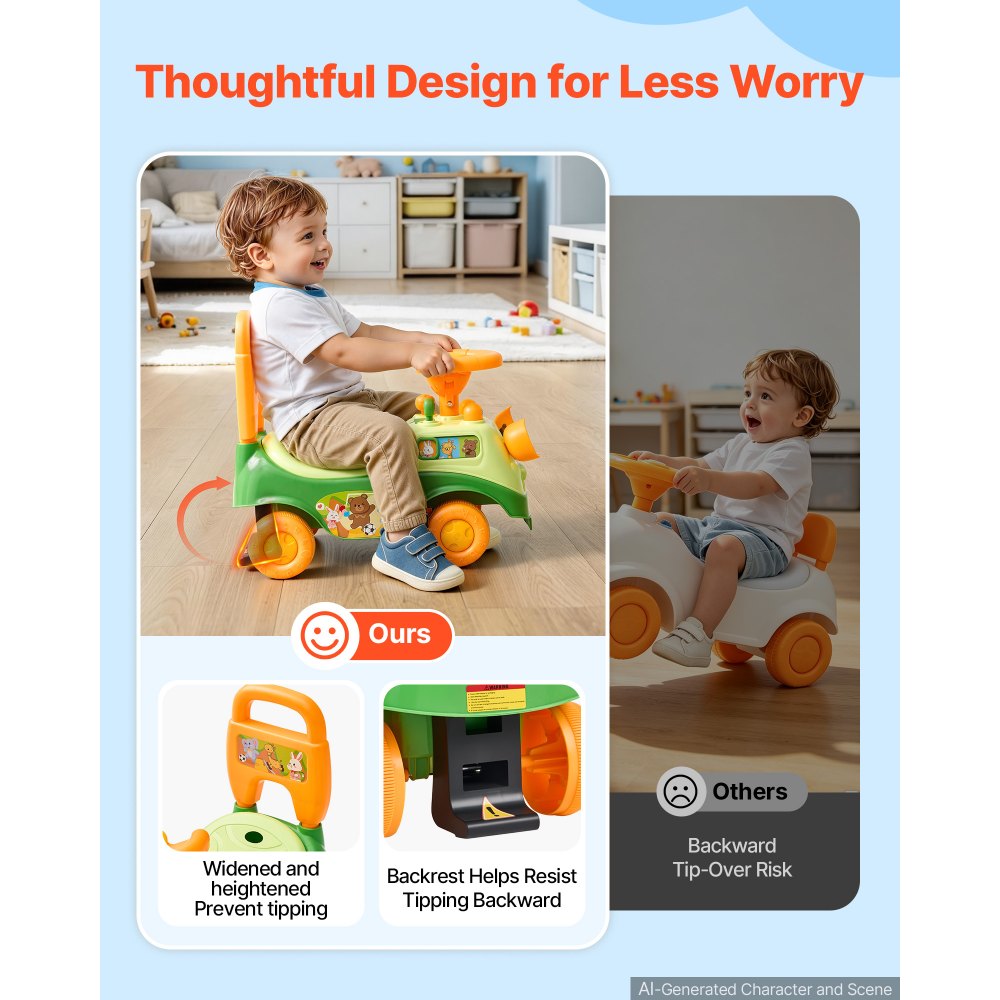 VEVOR Ride On Push Car for Toddlers Ages 19+ Months Sit-to-Stand Ride Toy, Kids Ride On Car for Boys Girls, Music Steering Wheel, Horn, Under-Seat Storage, Detachable Back, Indoor Outdoor Play,Green