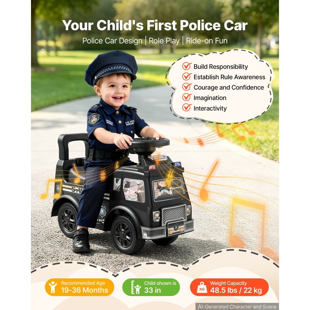 VEVOR Ride On Push Police Car for Toddlers Age 19+ Months Sit-to-Stand Ride, Kids Ride On Car for Boys Girls, Music Steering Wheel, Horn, Under-Seat Storage, Detachable Back,Indoor Outdoor Play, Black