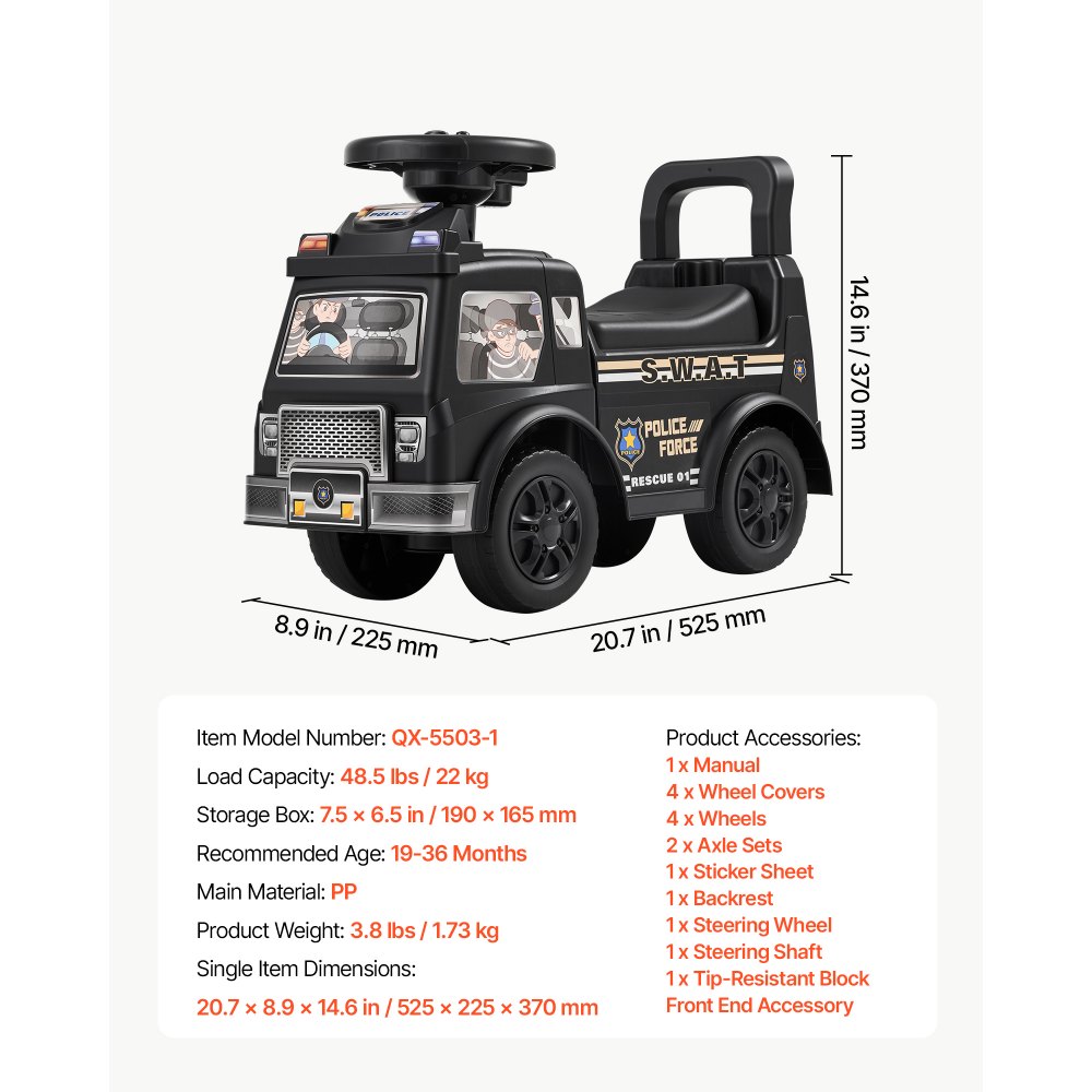 VEVOR Ride On Push Police Car for Toddlers Age 19+ Months Sit-to-Stand Ride, Kids Ride On Car for Boys Girls, Music Steering Wheel, Horn, Under-Seat Storage, Detachable Back,Indoor Outdoor Play, Black