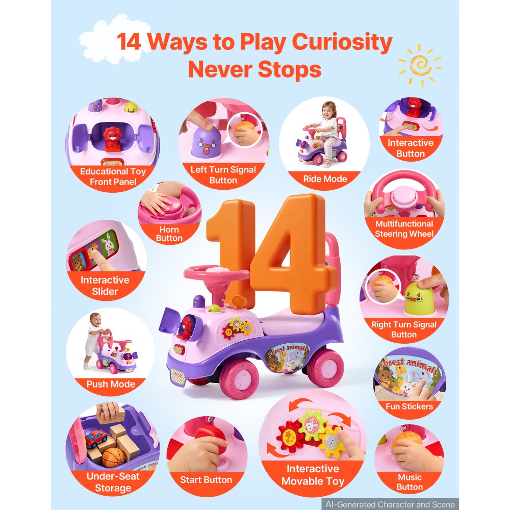 VEVOR Ride On Push Car for Toddlers Ages 19+ Months Sit-to-Stand Ride Toy, Kids Ride On Car for Boys Girls, Music Steering Wheel, Horn, Under-Seat Storage, Detachable Back,Indoor Outdoor Play,Purple