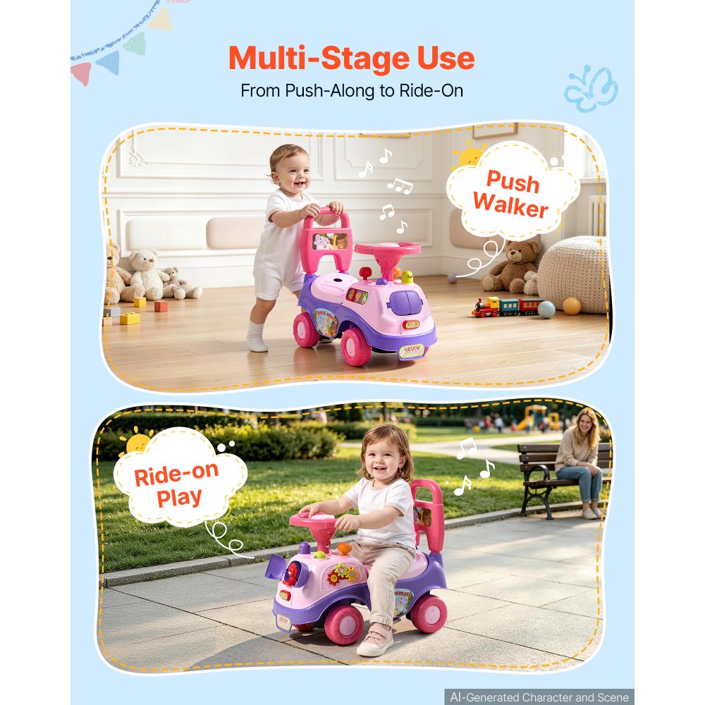 VEVOR Ride On Push Car for Toddlers Ages 19+ Months Sit-to-Stand Ride Toy, Kids Ride On Car for Boys Girls, Music Steering Wheel, Horn, Under-Seat Storage, Detachable Back,Indoor Outdoor Play,Purple