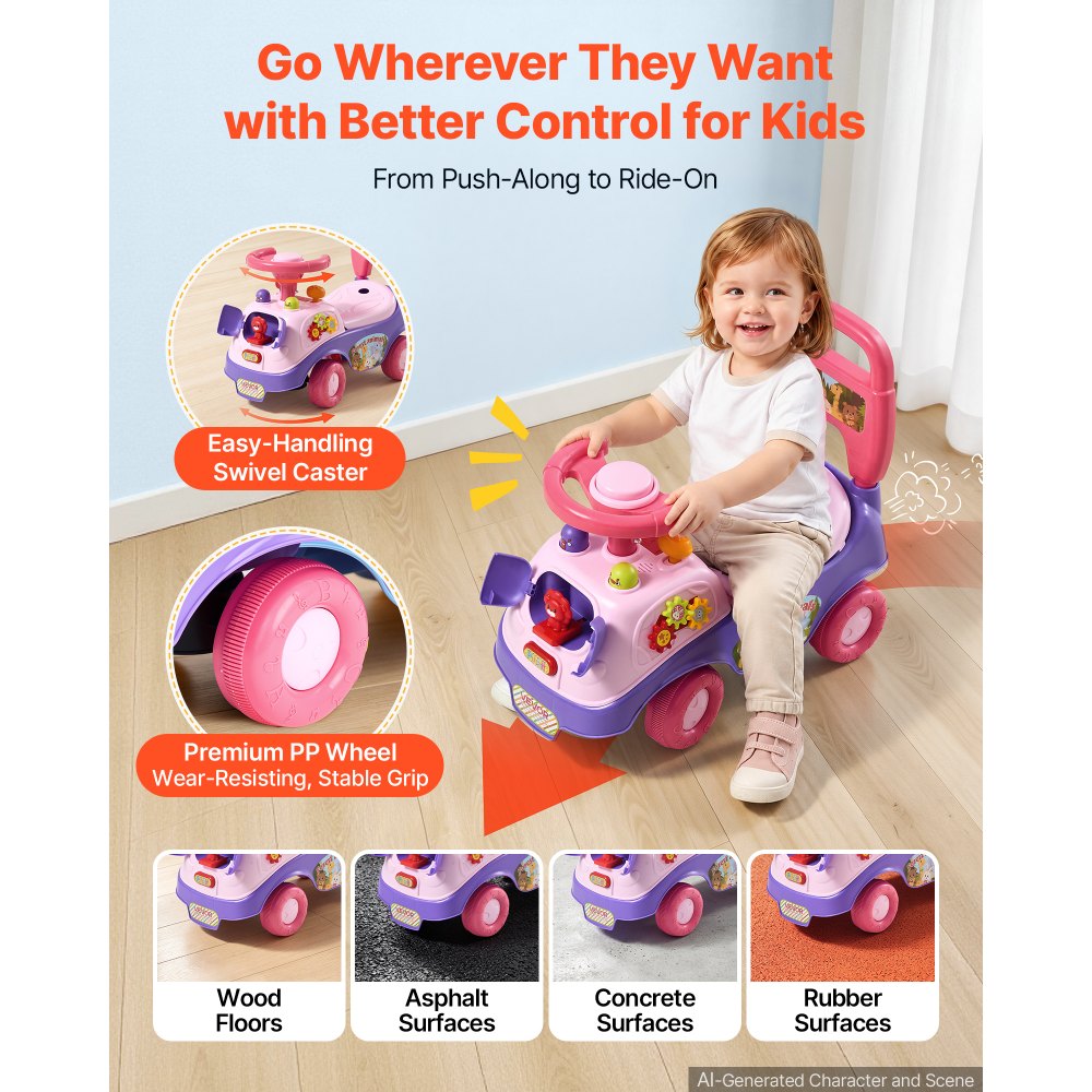 VEVOR Ride On Push Car for Toddlers Ages 19+ Months Sit-to-Stand Ride Toy, Kids Ride On Car for Boys Girls, Music Steering Wheel, Horn, Under-Seat Storage, Detachable Back,Indoor Outdoor Play,Purple