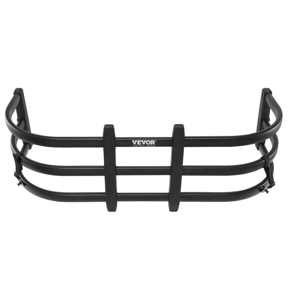 VEVOR truck bed extender, black steel frame with curved edges and horizontal bars.