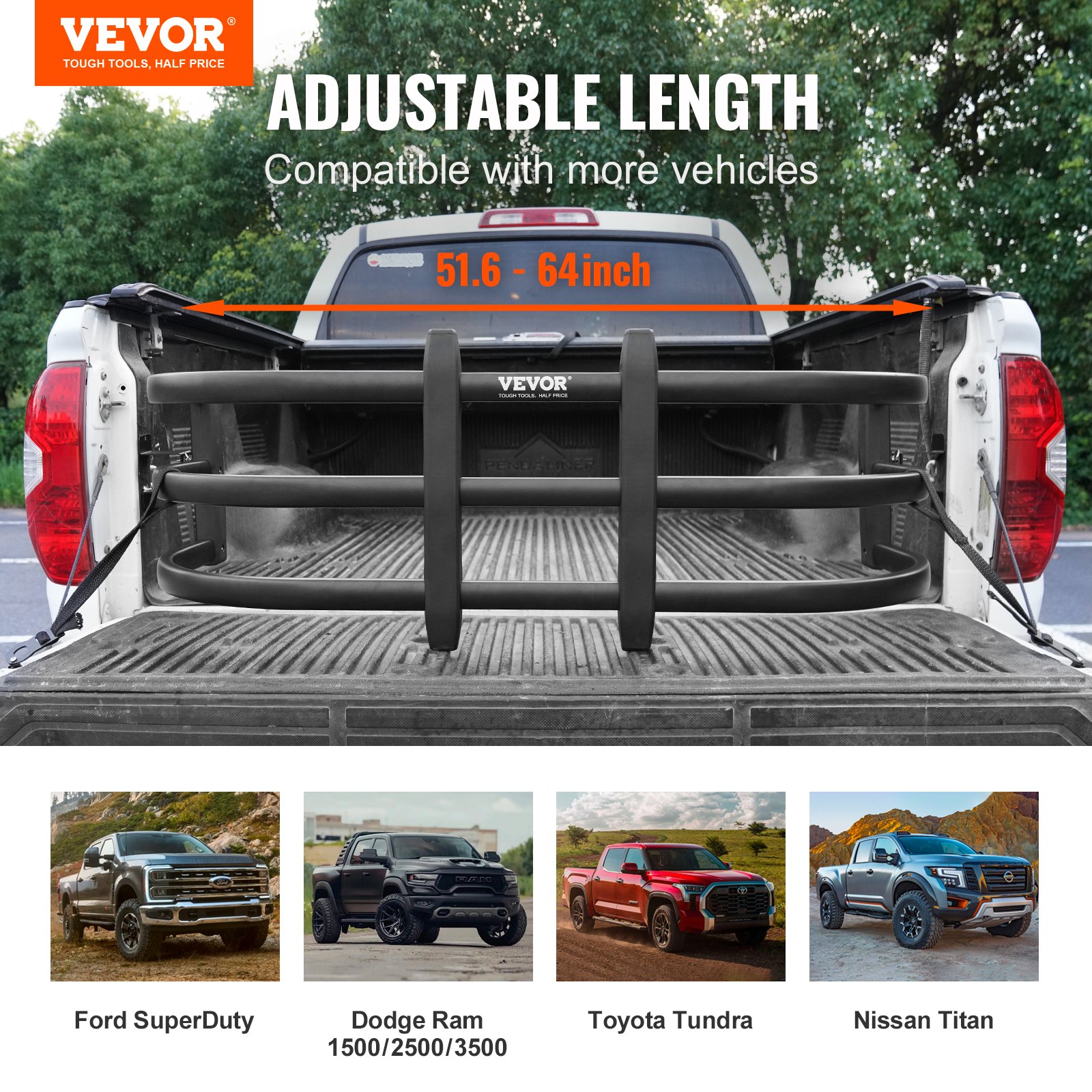 VEVOR truck bed extender, adjustable length from 51.6 to 64 inches, compatible with ford, dodge, toyota, nissan.