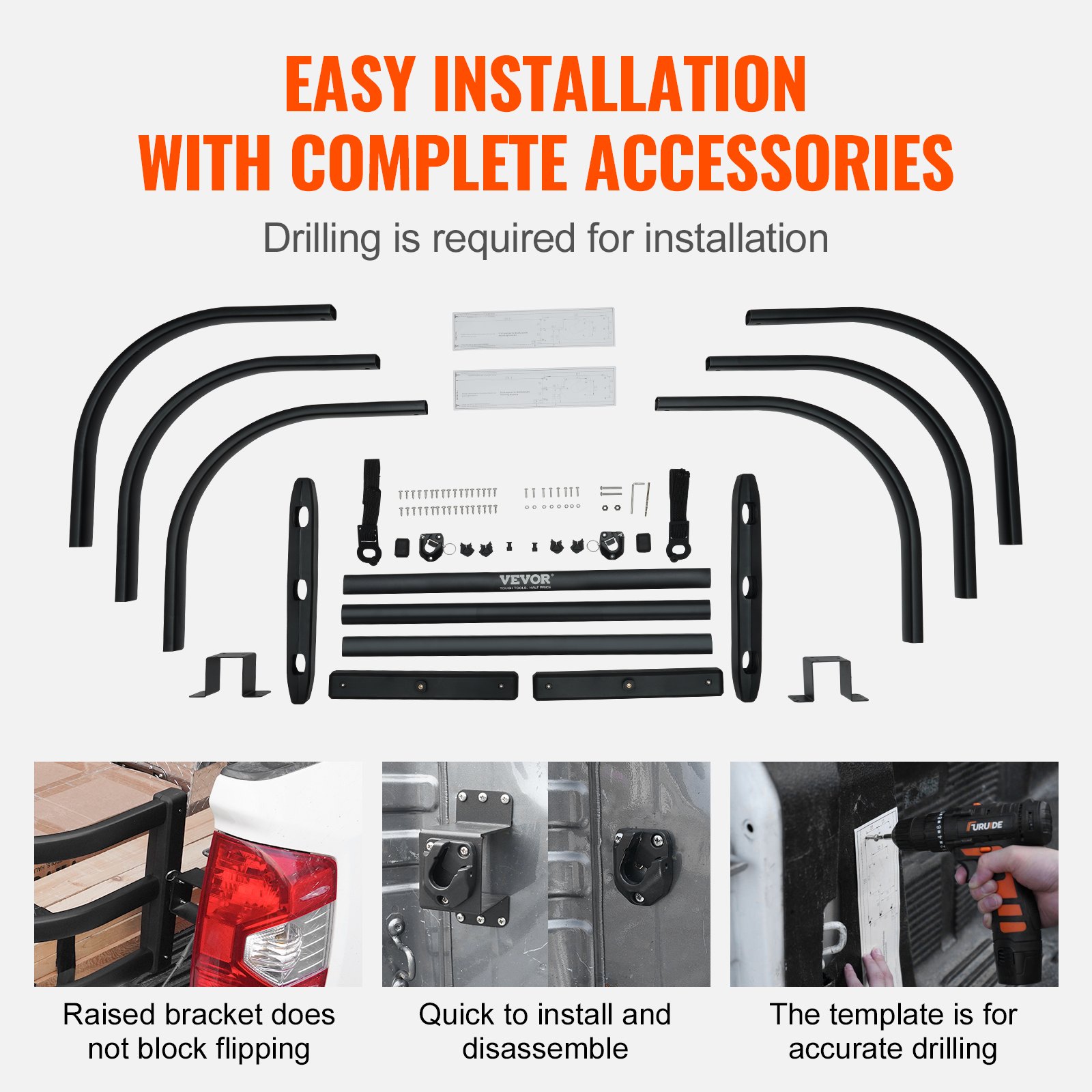 VEVOR truck bed extender kit with easy installation, brackets, and hardware, drilling required.