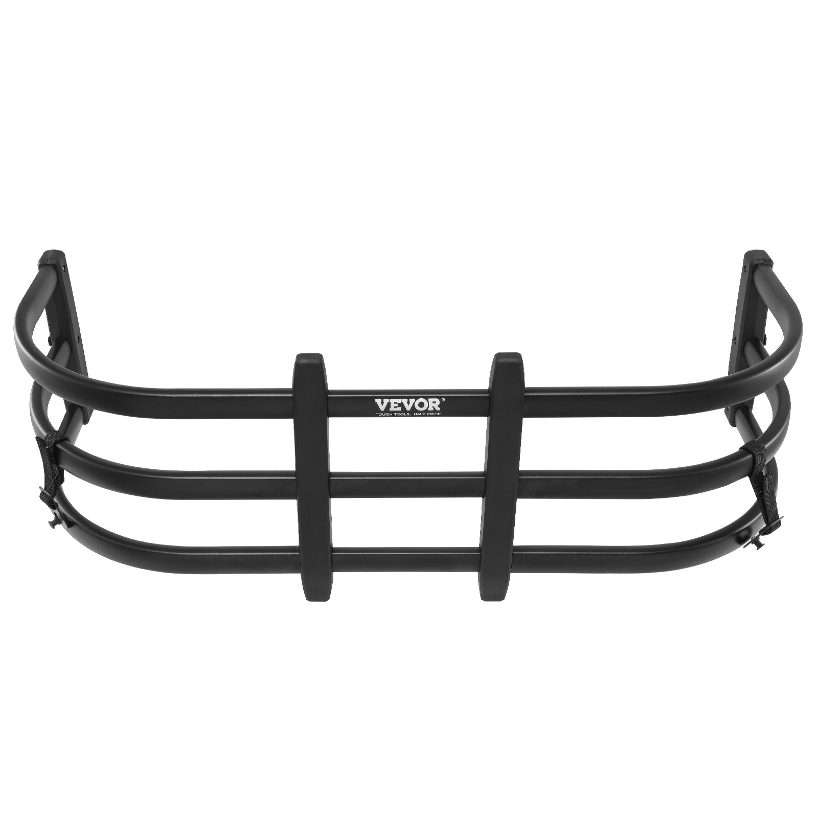 VEVOR truck bed extender, black steel frame with curved edges and horizontal bars.