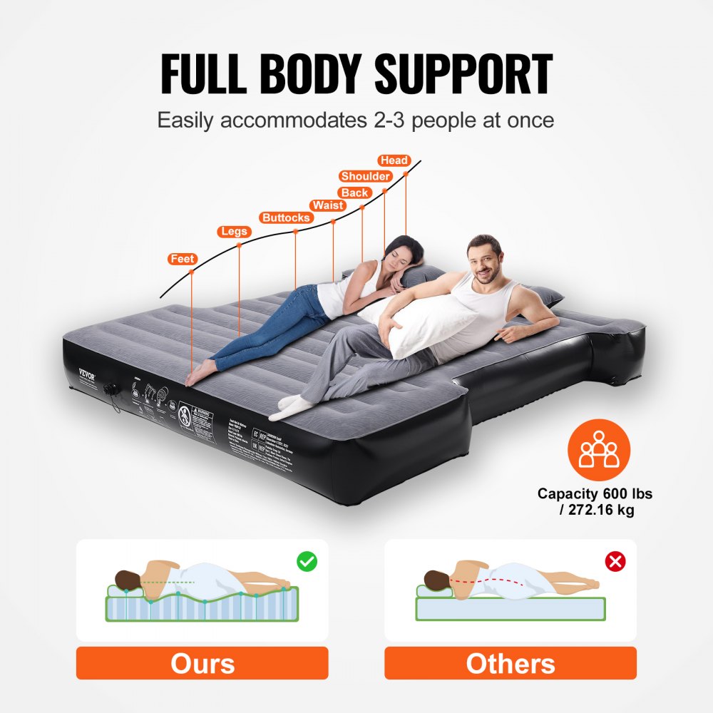 VEVOR Truck Bed Air Mattress, for 5.5-5.8 ft Full Size Short Truck Beds, Inflatable Air Mattress Camping Bed with 12V Air Pump 2 Pillows, Carry Bag, for Silverado, RAM, F Series, Sierra, Titan, Tundra