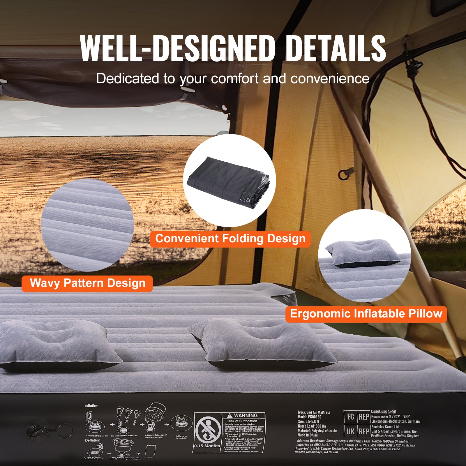 VEVOR Truck Bed Air Mattress, for 5.5-5.8 ft Full Size Short Truck Beds, Inflatable Air Mattress Camping Bed with 12V Air Pump 2 Pillows, Carry Bag, for Silverado, RAM, F Series, Sierra, Titan, Tundra