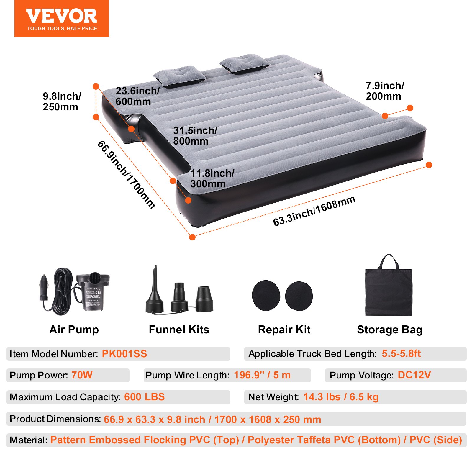 VEVOR Truck Bed Air Mattress, for 5.5-5.8 ft Full Size Short Truck Beds, Inflatable Air Mattress Camping Bed with 12V Air Pump 2 Pillows, Carry Bag, for Silverado, RAM, F Series, Sierra, Titan, Tundra