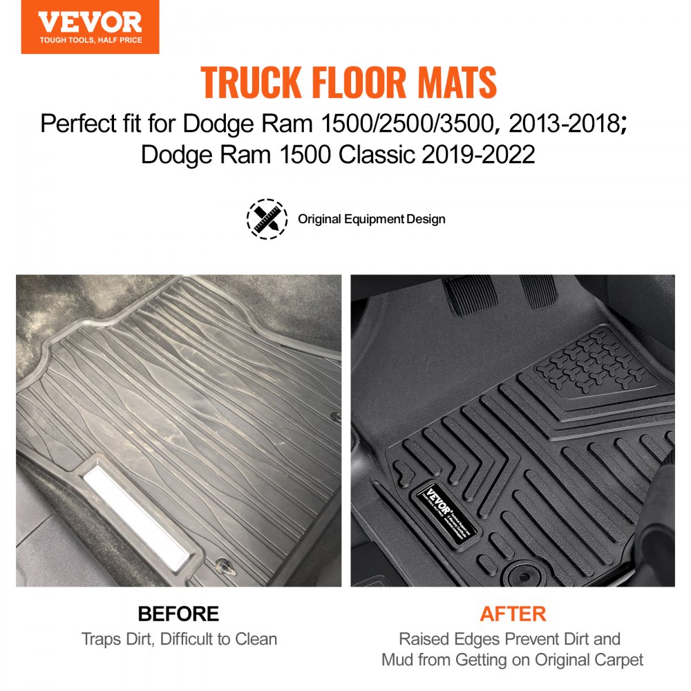 Vevor Truck Floor Liners, Fits Dodge Ram 1500/2500/3500 & 1500 Classic 2013-2018/2019-2022(Crew Cab Only), Include 3 Front & Second Row Mats, Weather-Resistant TPE Custom Fit Mats for Pickup, Black
