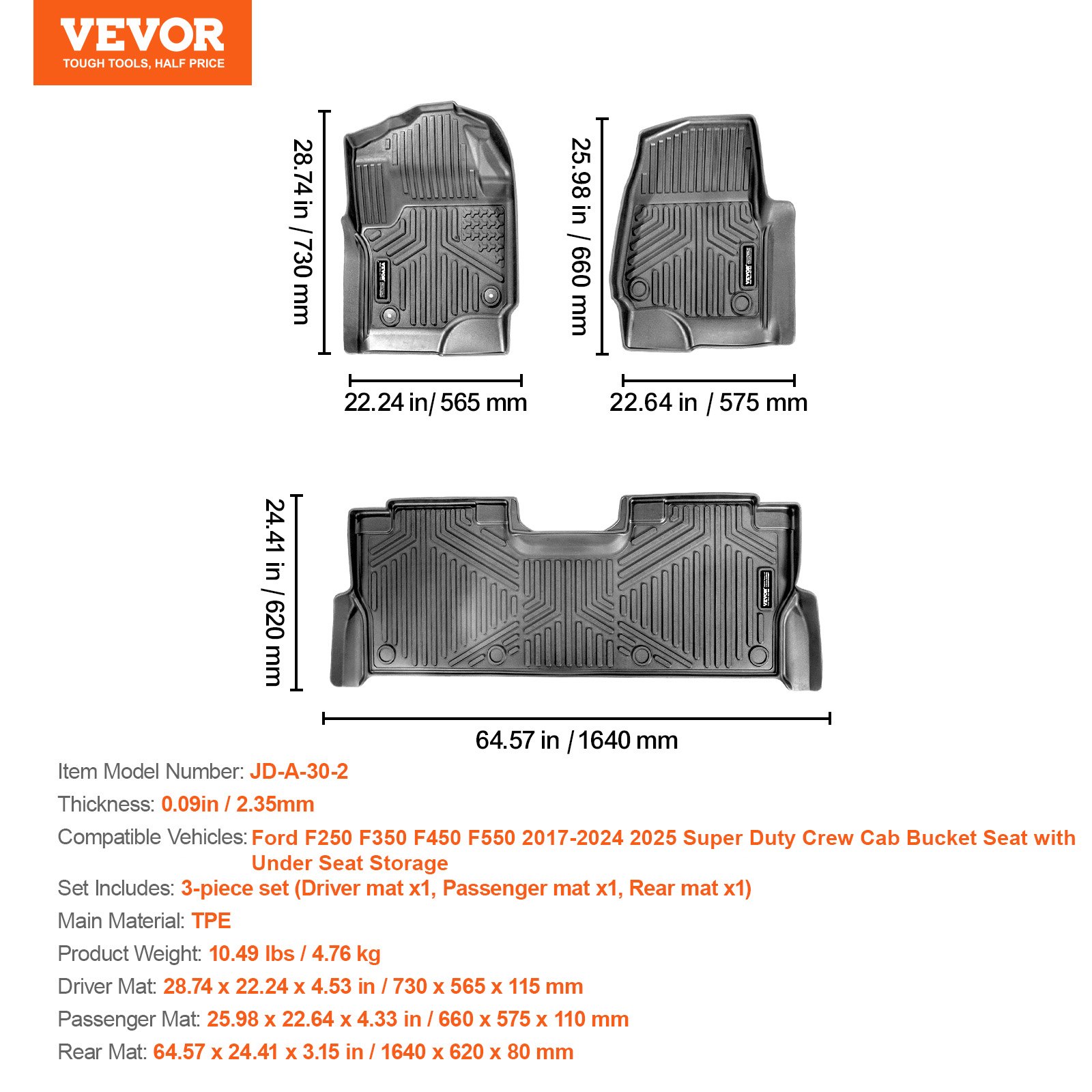 VEVOR Automotive Floor Mats, Fits for Ford F250 F350 F450 F550 2017-2024 2025 Super Duty Crew Cab Bucket Seat with Under Seat Storage, 3 pcs Front and 2nd Row Liners, Floor Liners for Trucks, Black