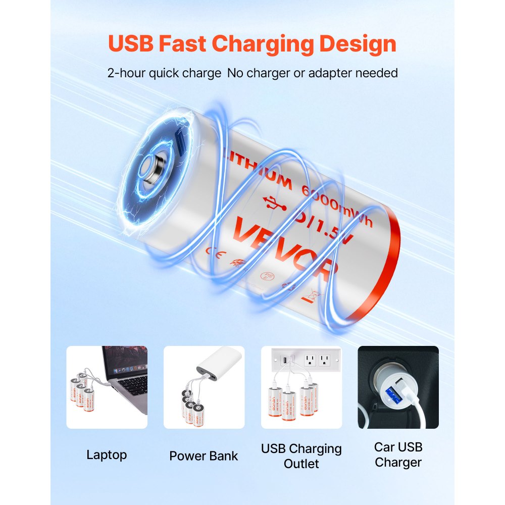 Pilas recargables VEVOR D (paquete de 4), 1,5 V, 6000 mWh, de litio D con cable de carga USB-C 4 en 1, recarga hasta 1000 ciclos, para linternas, reflectores y juguetes.