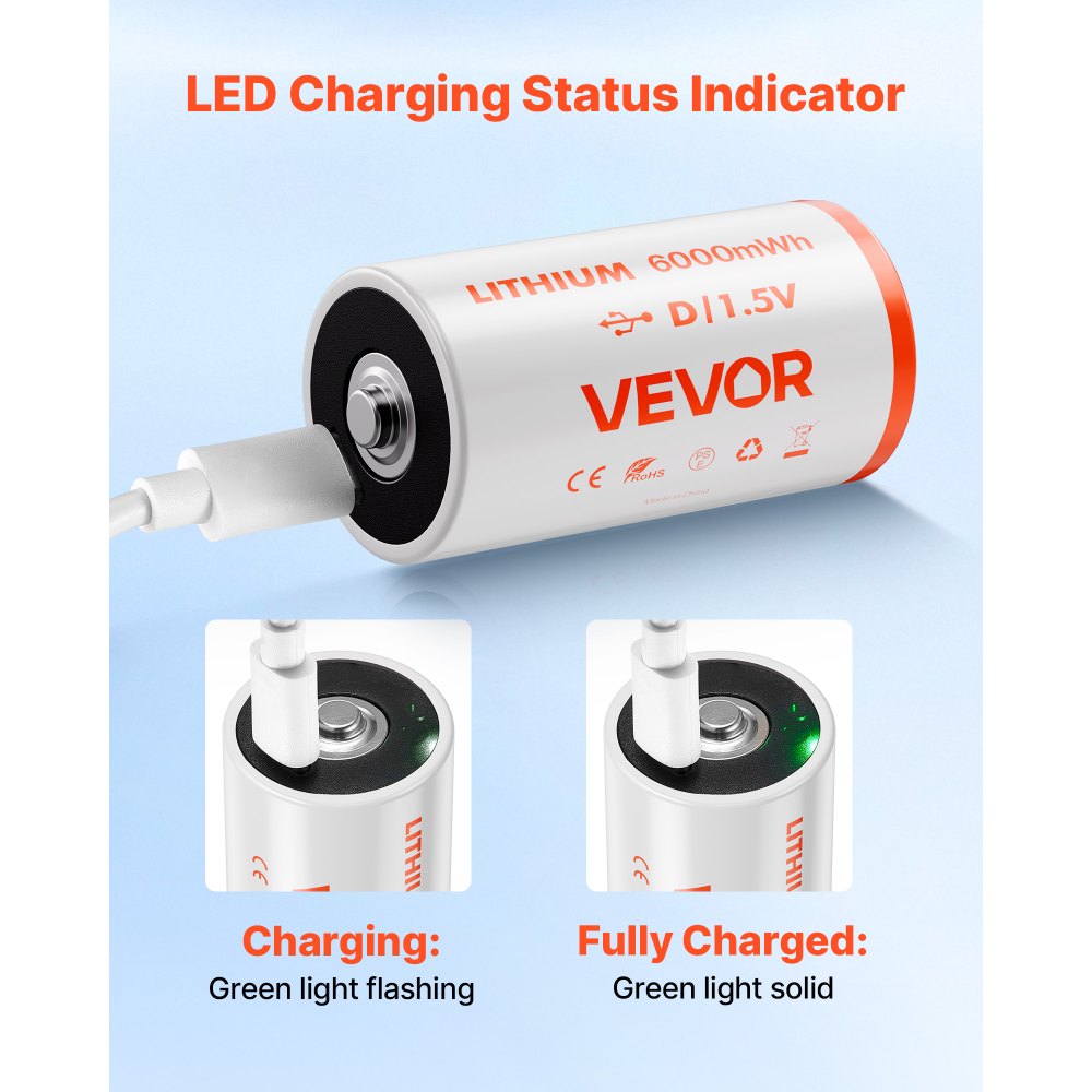 Pilas recargables VEVOR D (paquete de 4), 1,5 V, 6000 mWh, de litio D con cable de carga USB-C 4 en 1, recarga hasta 1000 ciclos, para linternas, reflectores y juguetes.
