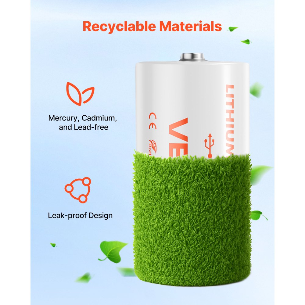 Pilas recargables VEVOR D (paquete de 4), 1,5 V, 6000 mWh, de litio D con cable de carga USB-C 4 en 1, recarga hasta 1000 ciclos, para linternas, reflectores y juguetes.