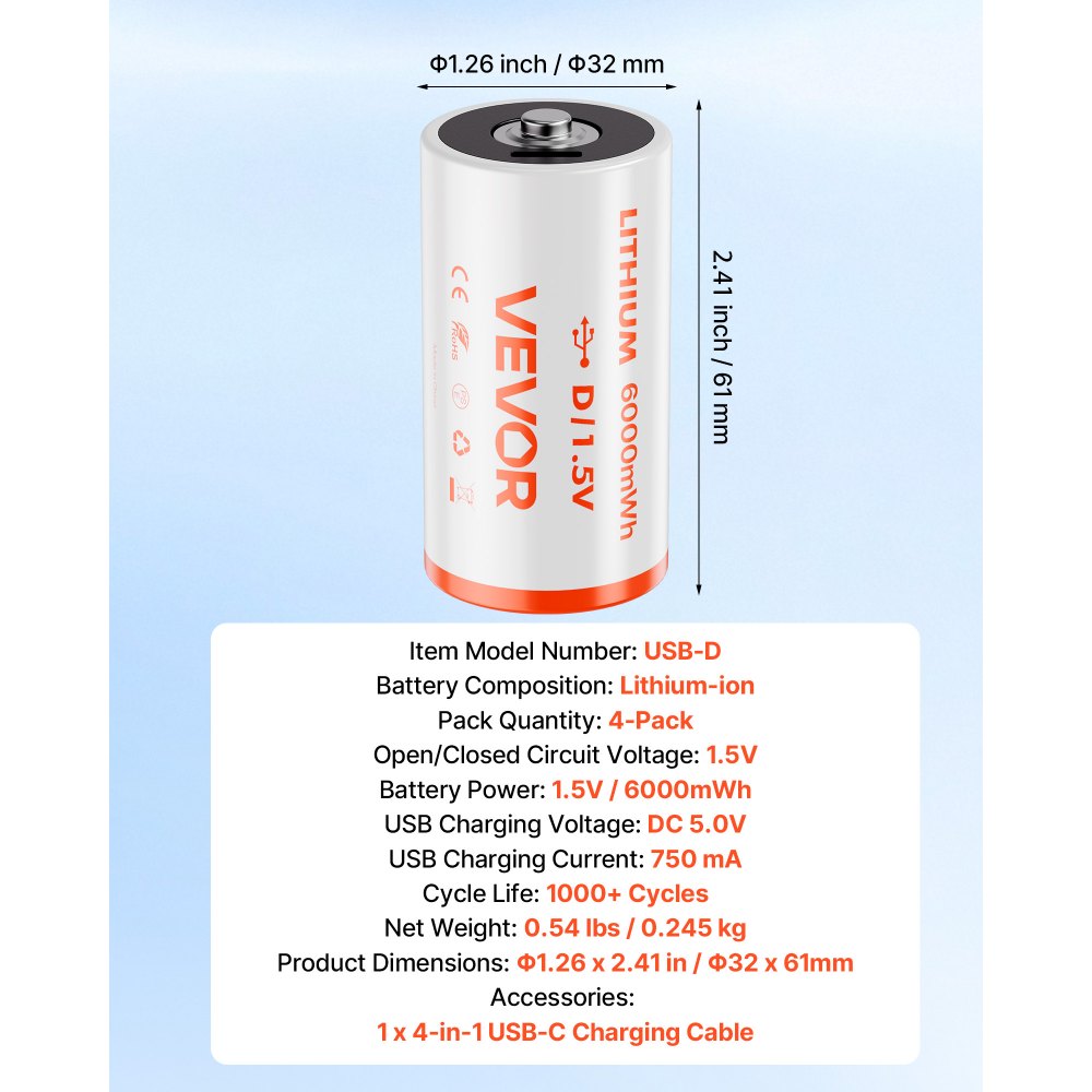 Pilas recargables VEVOR D (paquete de 4), 1,5 V, 6000 mWh, de litio D con cable de carga USB-C 4 en 1, recarga hasta 1000 ciclos, para linternas, reflectores y juguetes.