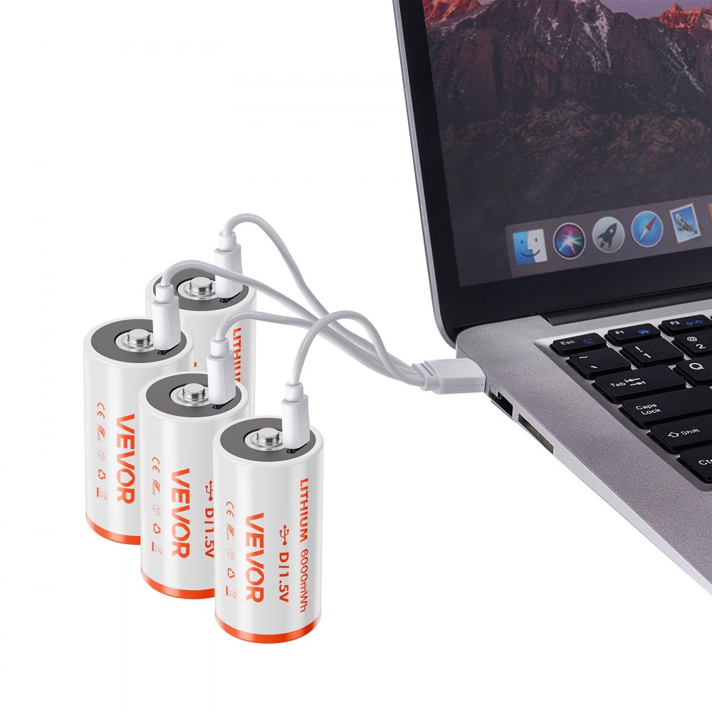 Pilas recargables VEVOR D (paquete de 4), 1,5 V, 6000 mWh, de litio D con cable de carga USB-C 4 en 1, recarga hasta 1000 ciclos, para linternas, reflectores y juguetes.