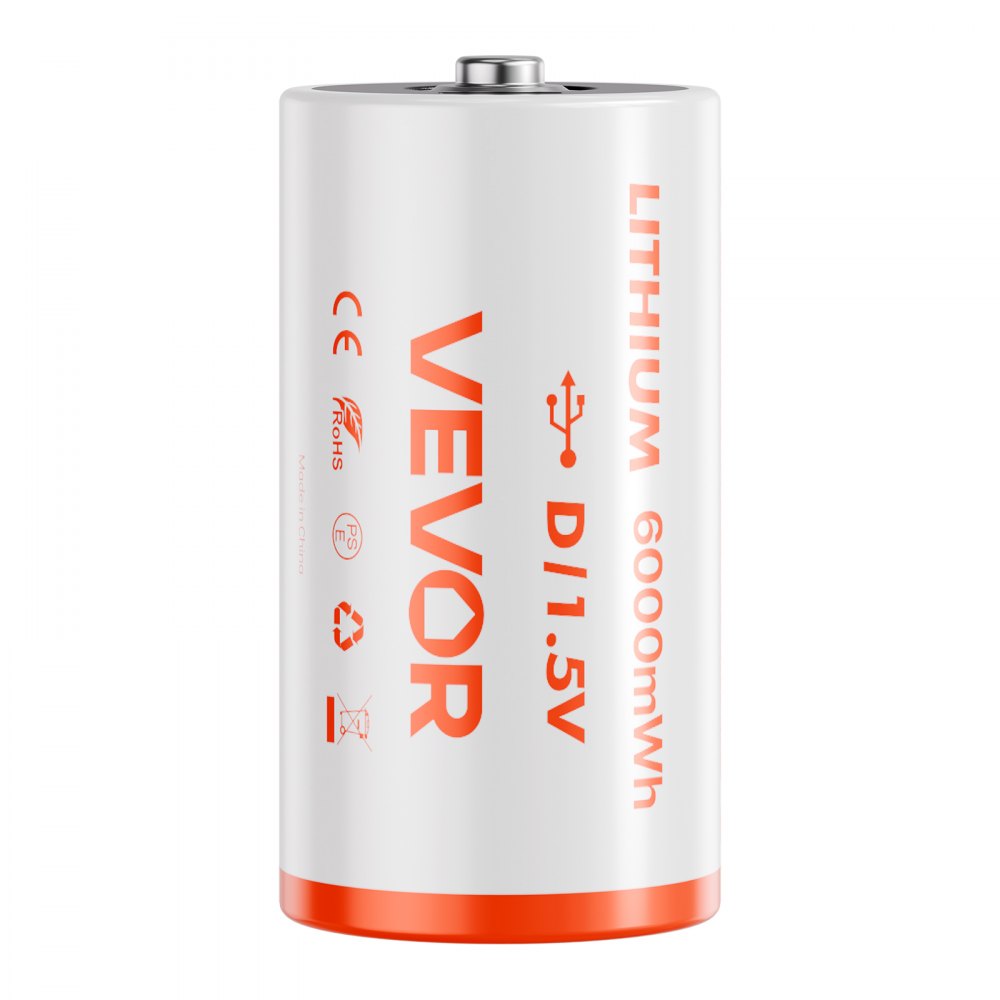 Pilas recargables VEVOR D (paquete de 4), 1,5 V, 6000 mWh, de litio D con cable de carga USB-C 4 en 1, recarga hasta 1000 ciclos, para linternas, reflectores y juguetes.