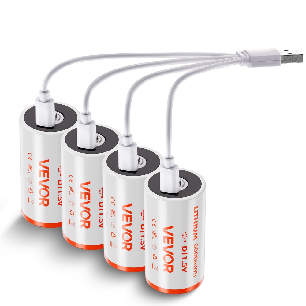 Pilas recargables VEVOR D (paquete de 4), 1,5 V, 6000 mWh, de litio D con cable de carga USB-C 4 en 1, recarga hasta 1000 ciclos, para linternas, reflectores y juguetes.
