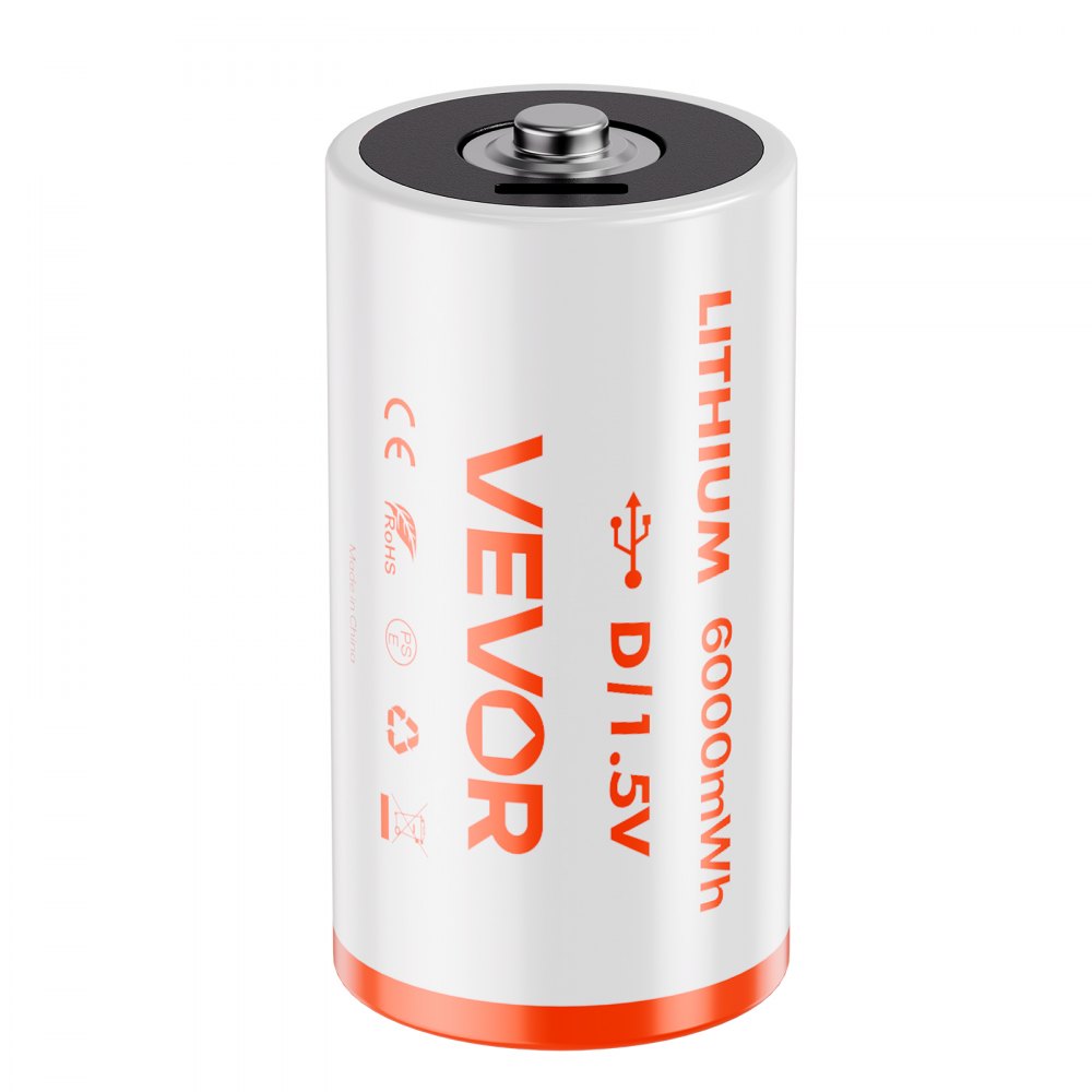 Pilas recargables VEVOR D (paquete de 4), 1,5 V, 6000 mWh, de litio D con cable de carga USB-C 4 en 1, recarga hasta 1000 ciclos, para linternas, reflectores y juguetes.
