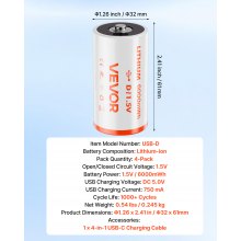 VEVOR Rechargeable D Batteries 4 Pack 1.5V 6000mWh Lithium D Battery USB-C Cable
