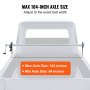 VEVOR hand crank tarp roller kit mounted on a truck bed, showing max axle size of 104 inches.