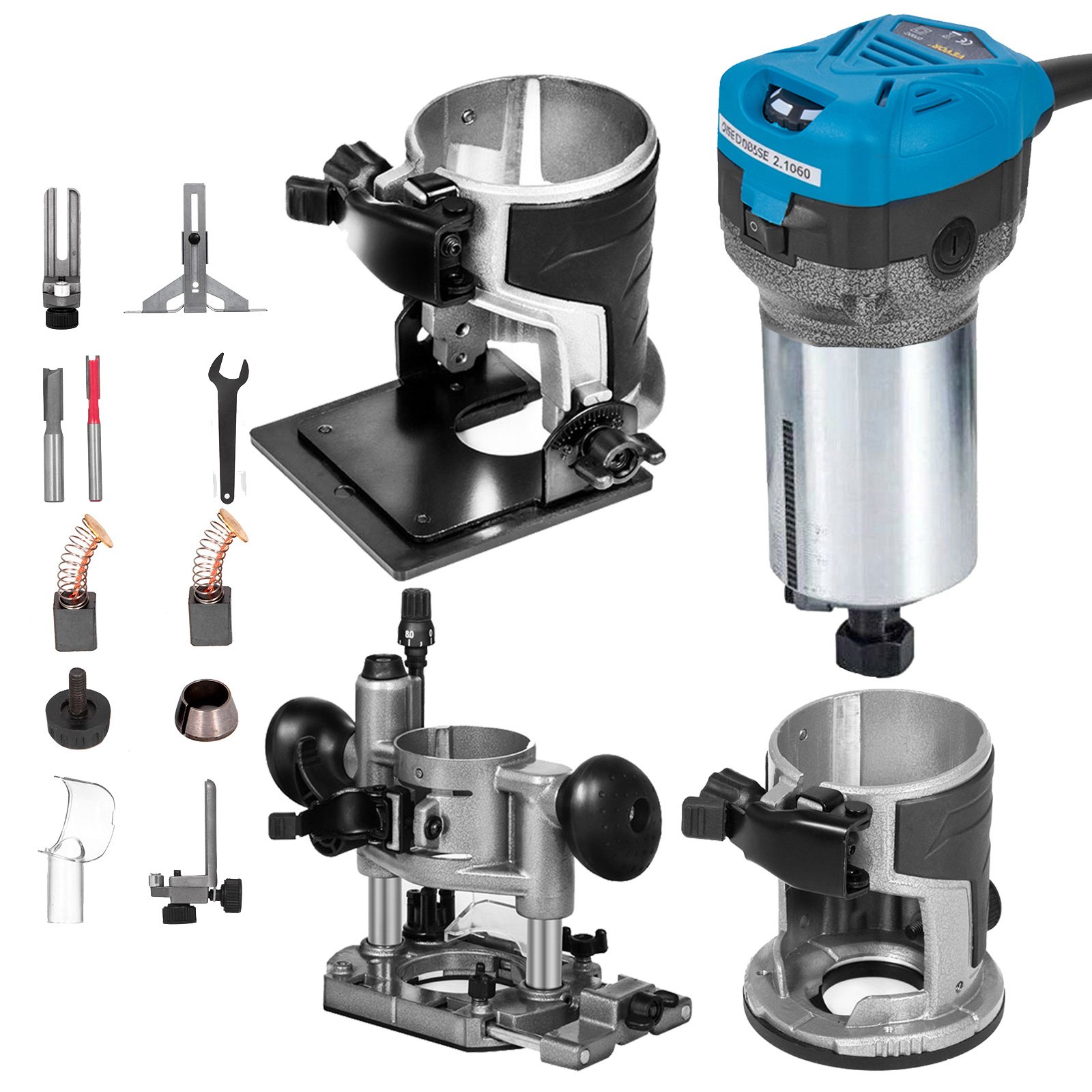 VEVOR 800W Max Torque Variable Speed 30,000RPM Compact Router with Collets 6.4 mm & 9.5 mm 1 x Plunge Base & 1 x Tilt Base 220V