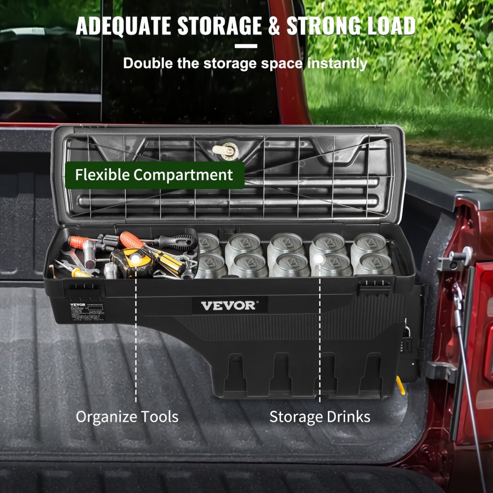 VEVOR Caja de almacenamiento para caja de camioneta, tapa con cerradura, impermeable, ABS, caja de herramientas para hueco de rueda, 20 L (6,6 galones) con candado con contraseña, compatible con Dodge Ram 1500 2019-2021, lado del pasajero, color negro