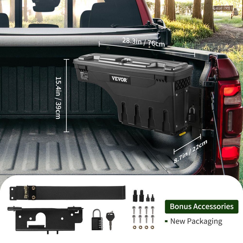 VEVOR Caja de almacenamiento para caja de camioneta, tapa con cerradura, impermeable, ABS, caja de herramientas para hueco de rueda, 20 L (6,6 galones) con candado con contraseña, compatible con Dodge Ram 1500 2019-2021, lado del pasajero, color negro