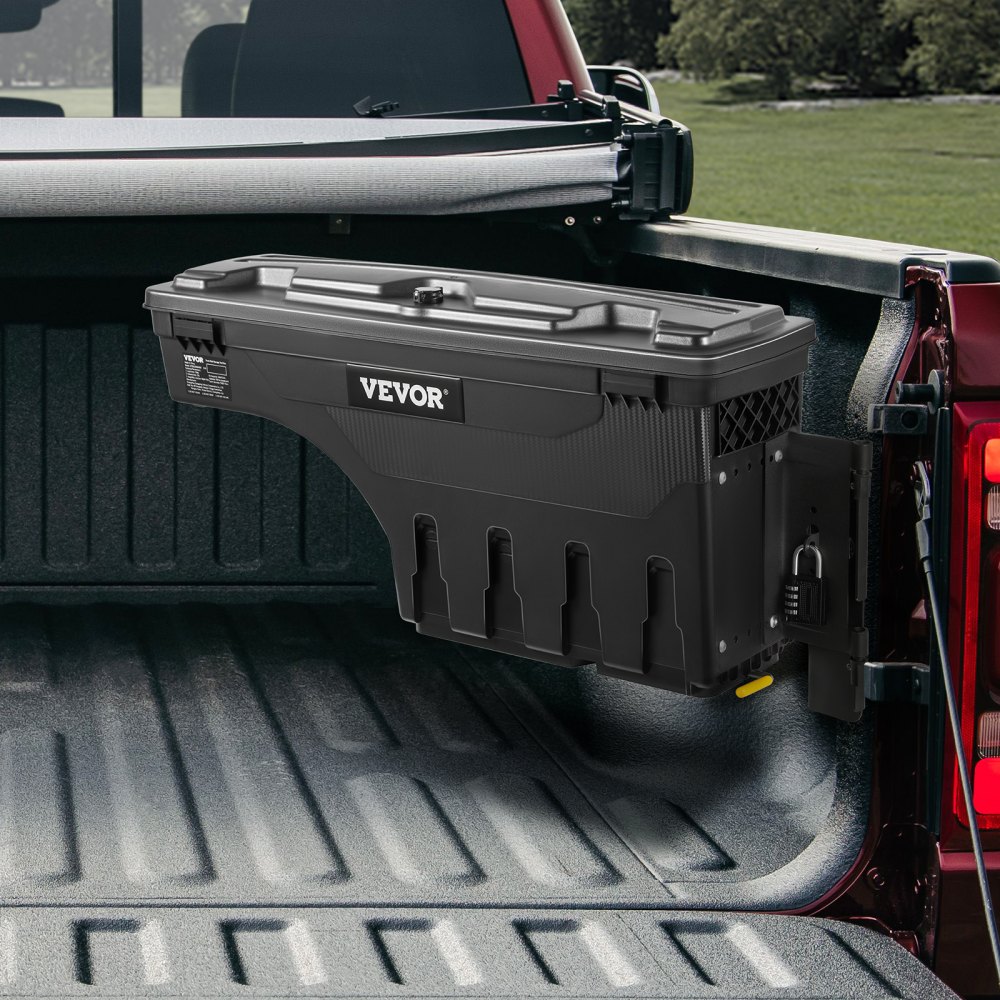 VEVOR Caja de almacenamiento para caja de camioneta, tapa con cerradura, impermeable, ABS, caja de herramientas para hueco de rueda, 20 L (6,6 galones) con candado con contraseña, compatible con Dodge Ram 1500 2019-2021, lado del pasajero, color negro