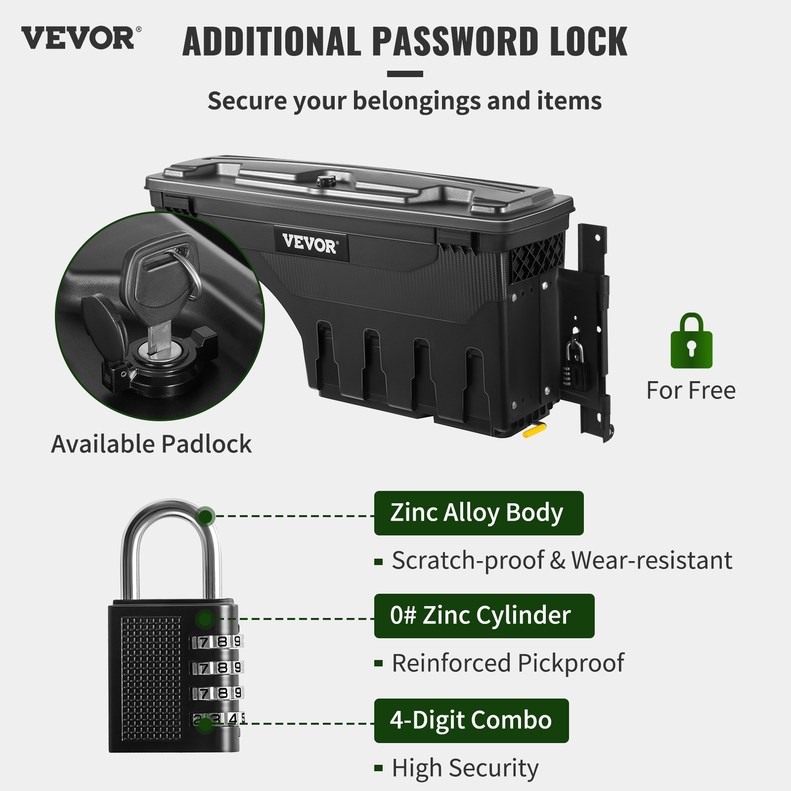 VEVOR truck bed storage box with additional password lock, zinc alloy body, and 4-digit combo padlock.