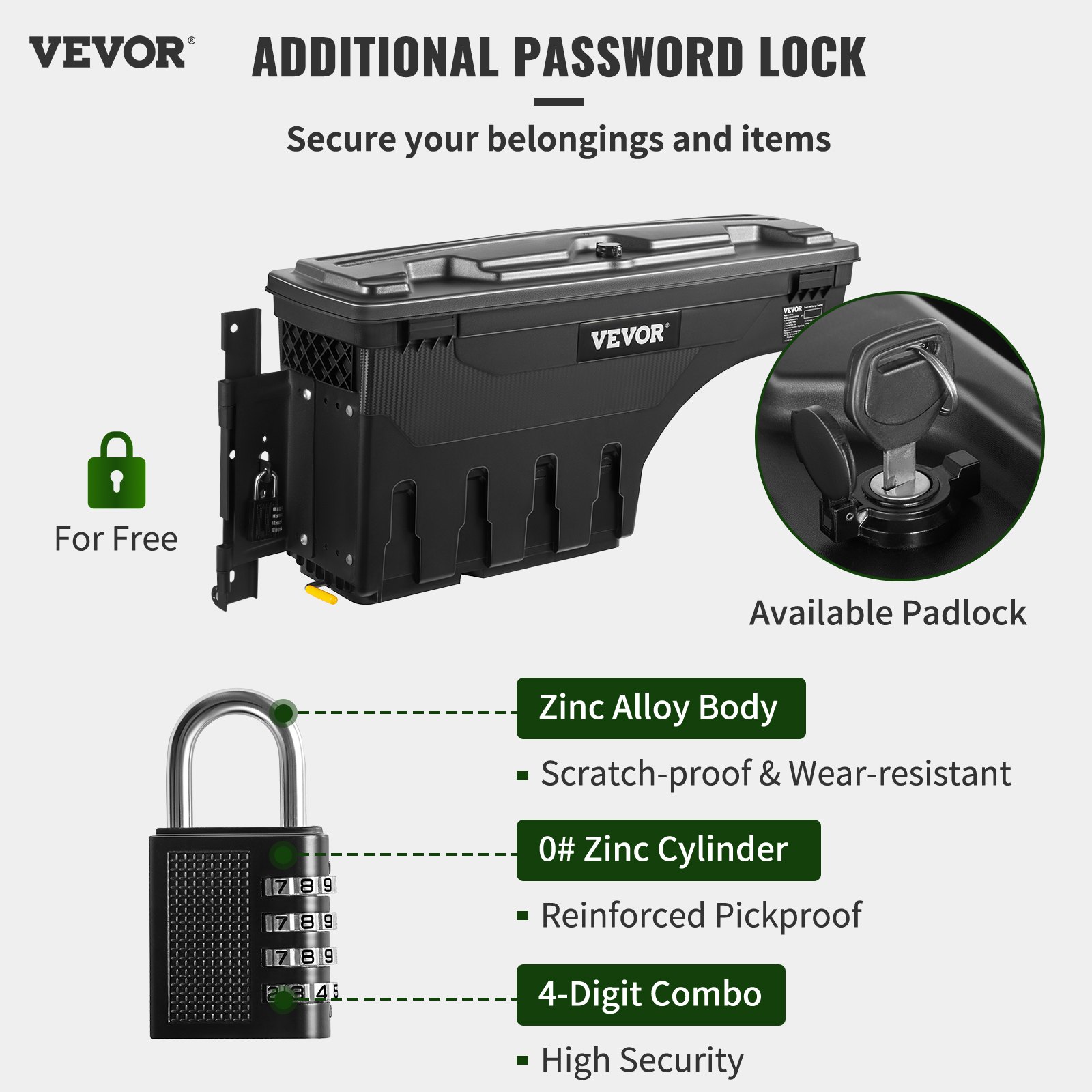 VEVOR truck bed storage box with zinc alloy padlock, 4-digit combo, and high security features.