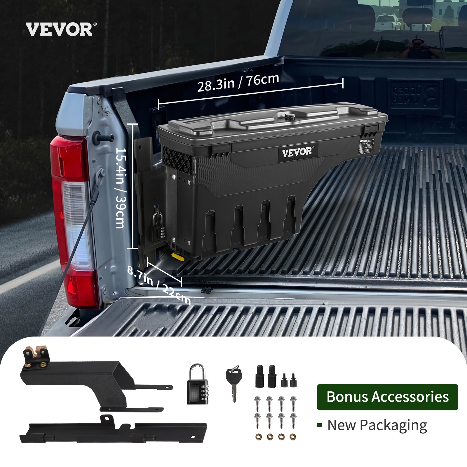 VEVOR truck bed storage box with dimensions and included accessories shown in a truck bed.