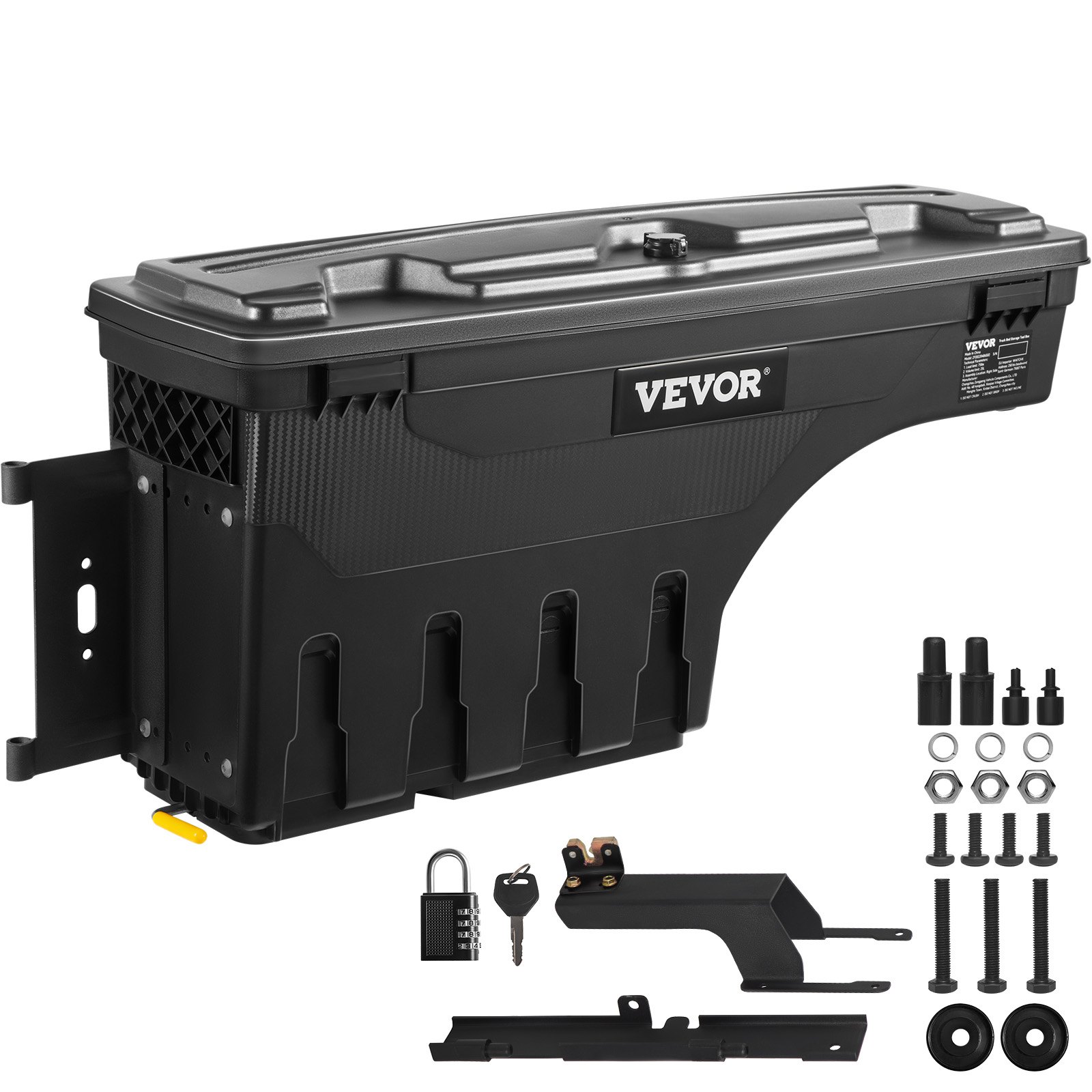VEVOR truck bed storage box with lock, key, mounting bracket, and hardware set
