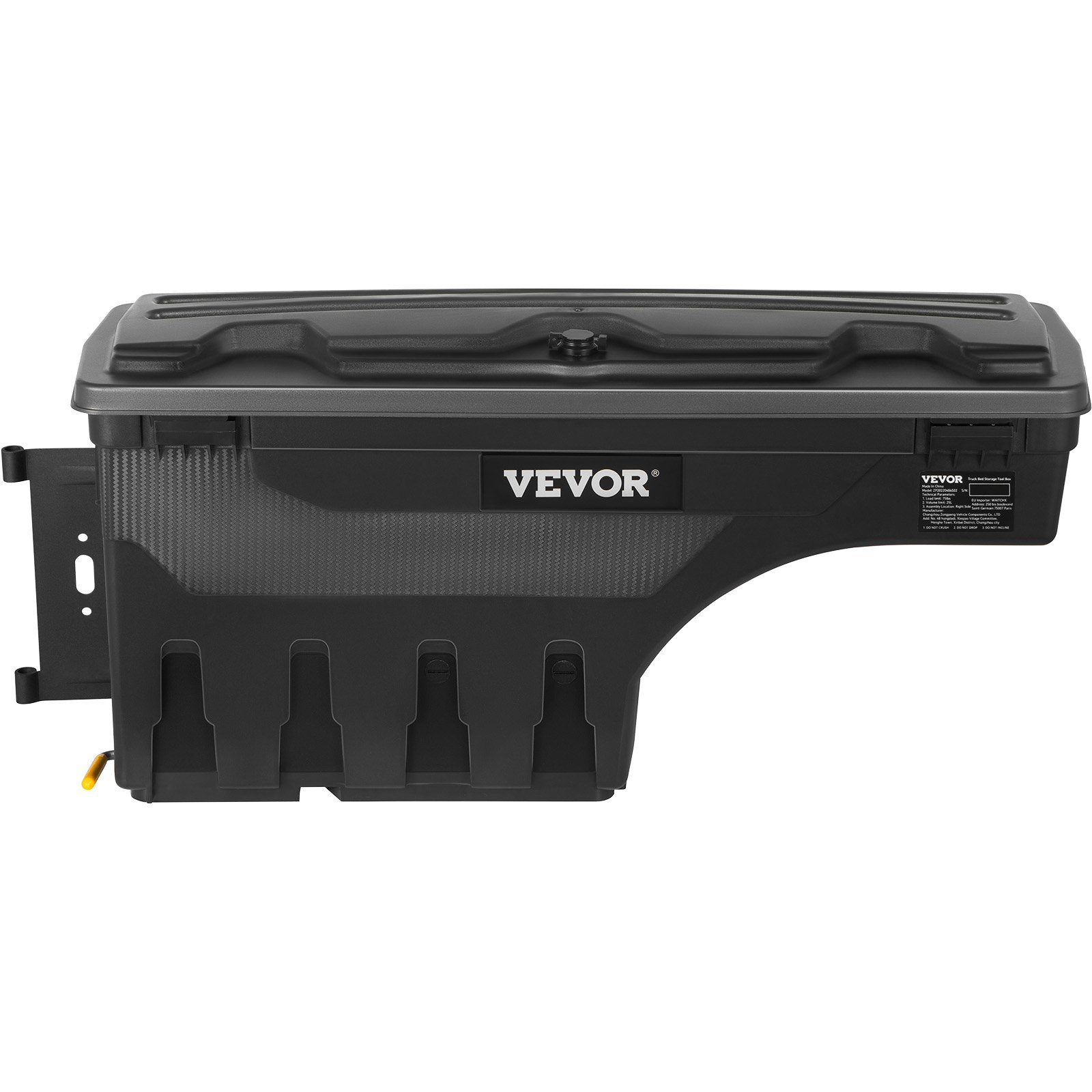 black VEVOR truck bed storage box with secure latch and mounting bracket.