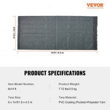 VEVOR dumper netting presenning, 6 x 14 fot, PVC-belagt svart kraftig deksel med 5,5" 18 oz dobbel lomme, messinggjennomføringer, forsterket dobbelnålssøm-vev passer til manuell eller elektrisk dumpersystem